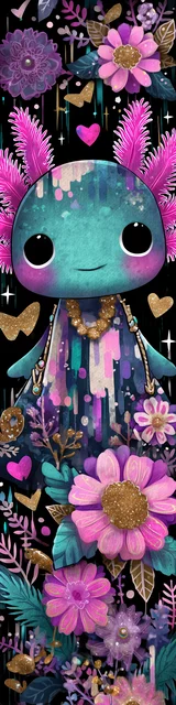 Free kawaii axolotl bookmark featuring a dressy kawaii axolotl in teal